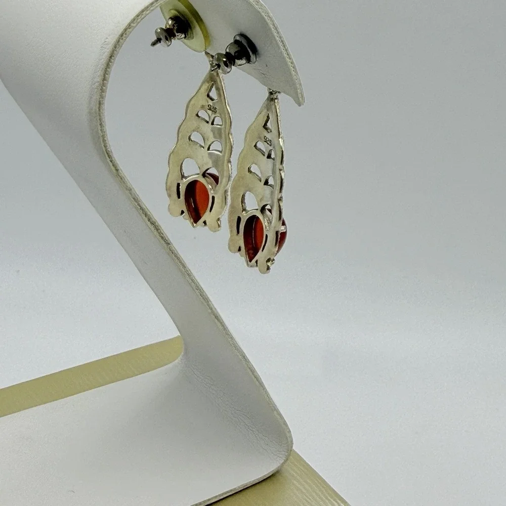 Vintage Sterling Silver 925 & Red Agate Marcasite Dangle Earrings Estate Formal
